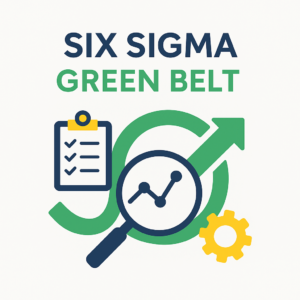 Square graphic representing Six Sigma Green Belt training with abstract icons and a clean flat design style, symbolising project leadership and data analysis.